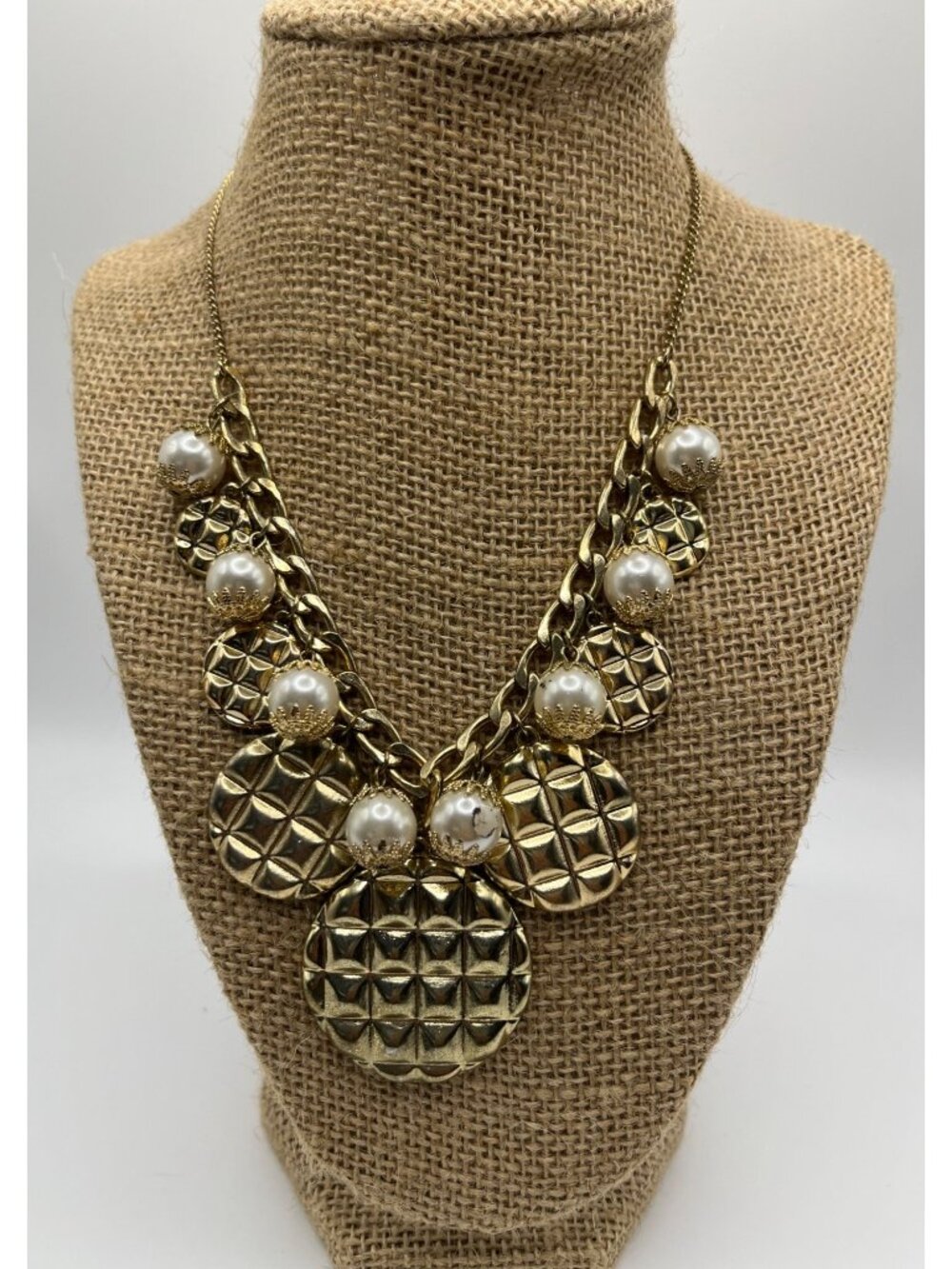 Gold Tone Statement Necklace With Pearl & Textured Disc Charms - Picture 4 of 6